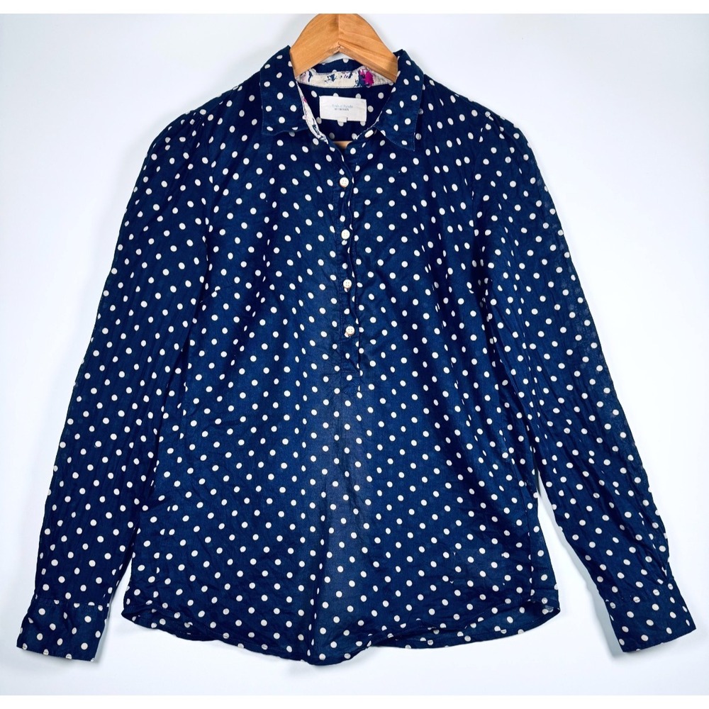 Trovata Birds of Paradise Blouse Women XS Blue White Polka Dot Popover Cotton